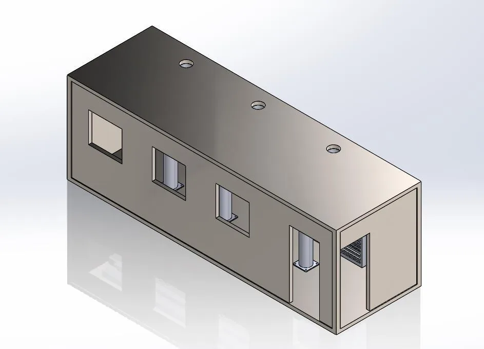 Rendu 3D d'un module fermé vu de l'extérieur, avec ses ouvertures techniques en façade.
