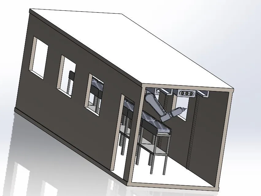 Coupe 3D du module soudure avec ses postes de travail et son système de ventilation.
