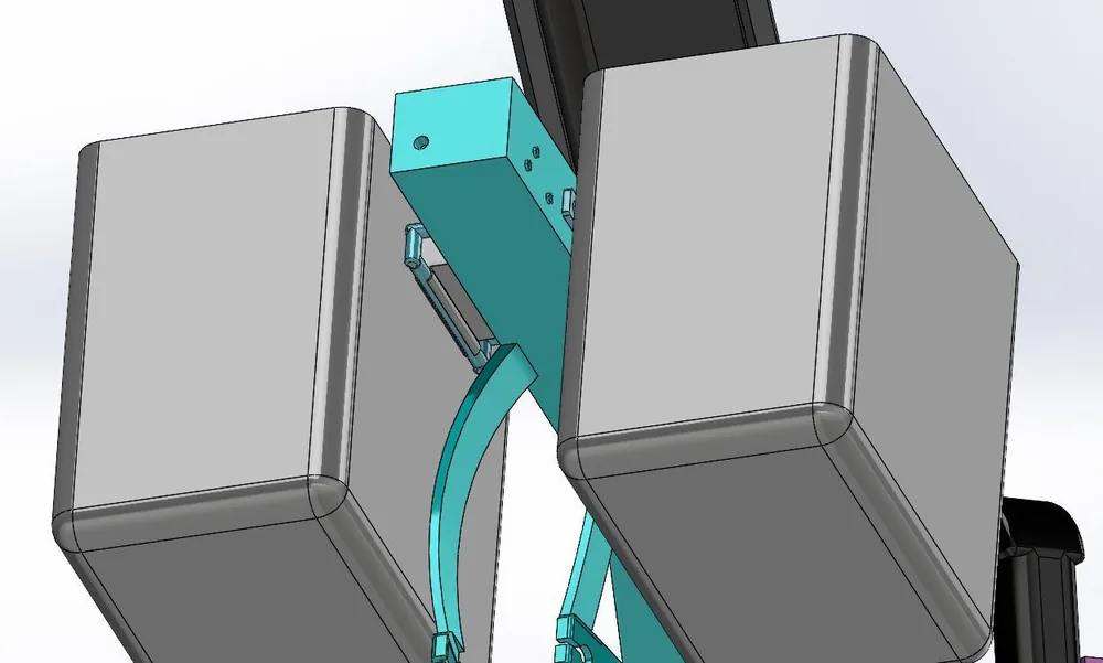 Rendu 3D des paniers avant et arrière montés sur leurs supports.